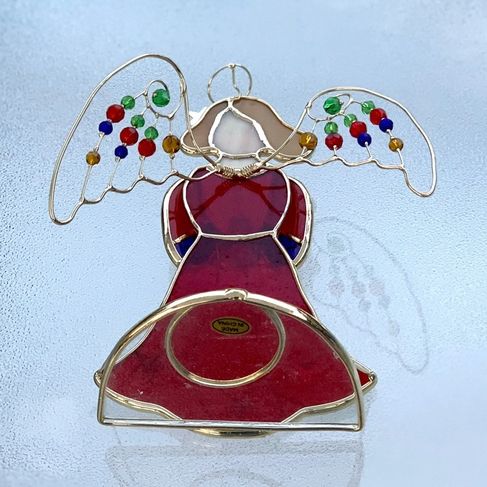 Stained Glass Angel Holiday Decor - Red and Gold